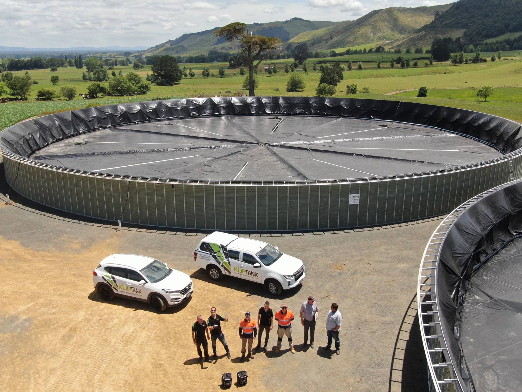Aerial of covered effluent ponds and vehicles at Rawhiti