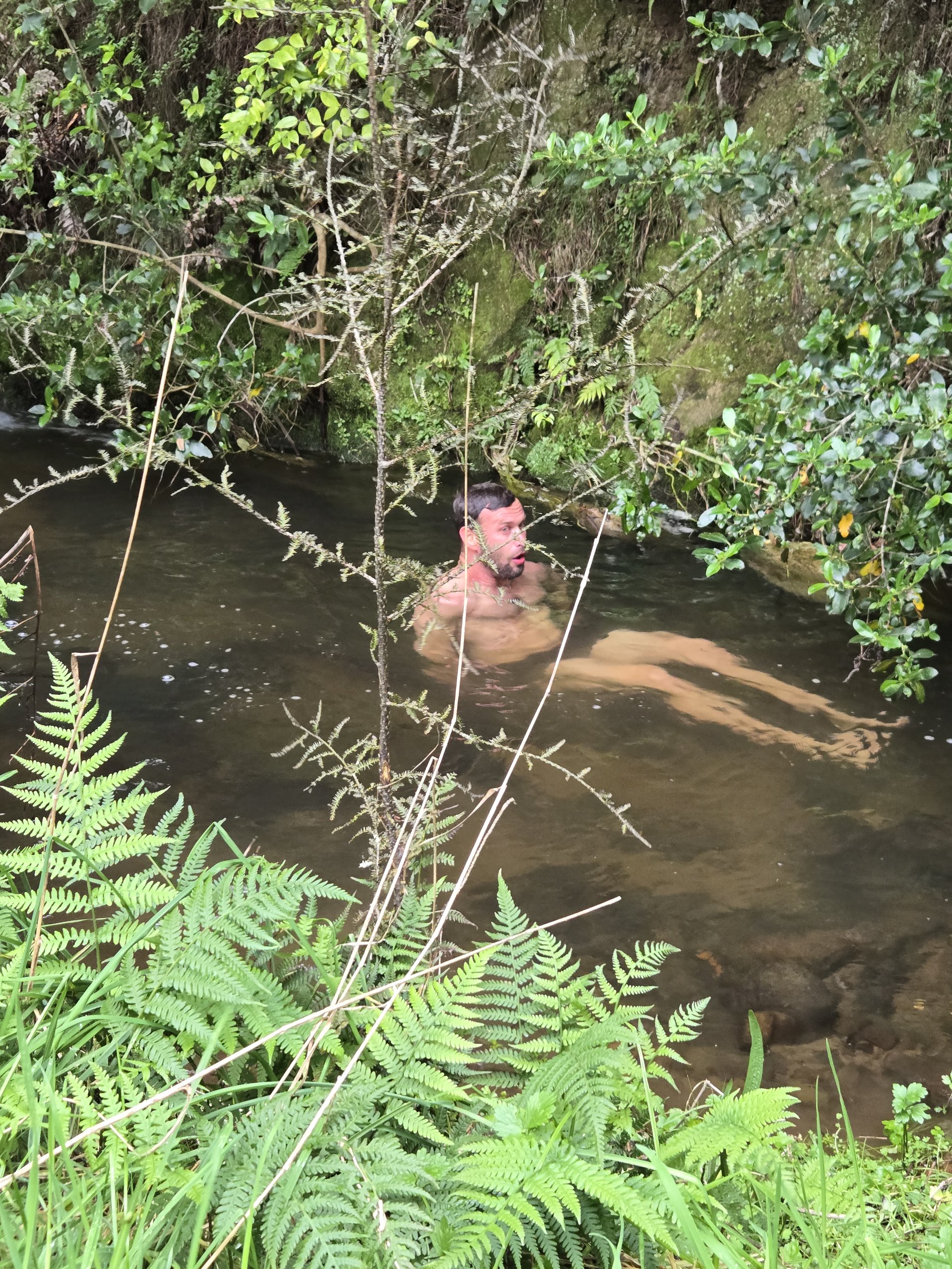 Hamish swimming in a native bush stream on the farm