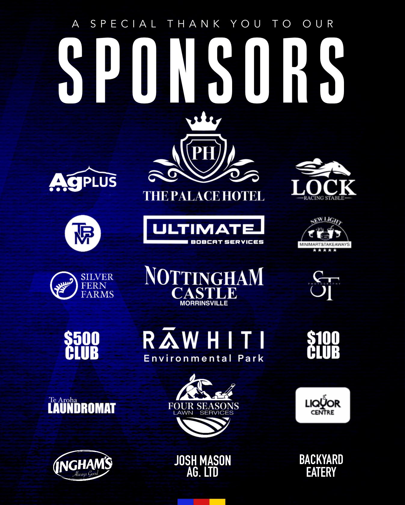 Te Aroha Cobras sponsors thank-you poster featuring Rawhiti Environmental Park